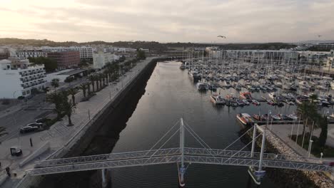 aerial shot over a boat dock and marina with yachts on the coast of portugal