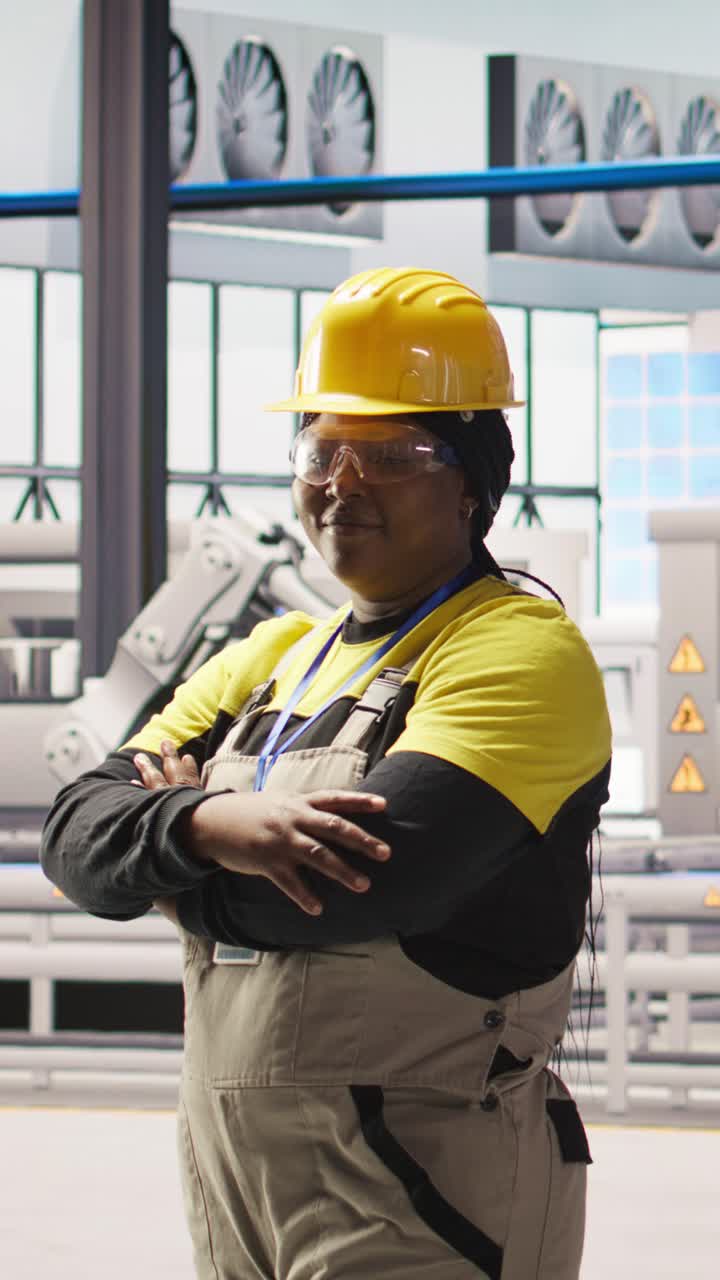 Vertical video Woman conducts routine inspections in industry 4.0 solar panels plant