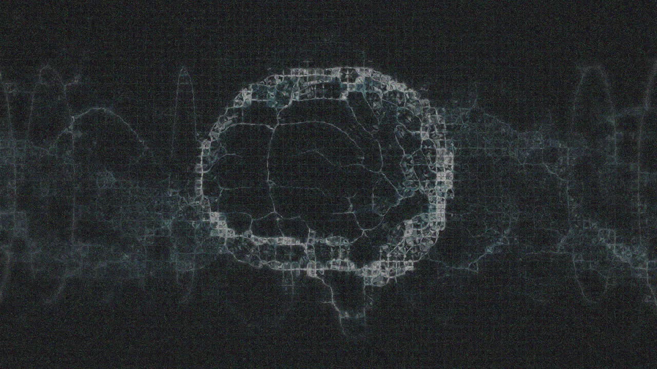 Animation of rotating brain over network and data waves on black background