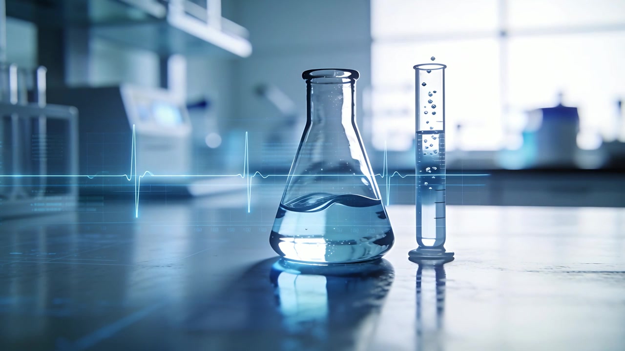 Pulsing ECG syncing Erlenmeyer and graduated test tube bubbling on reflective bench for assay