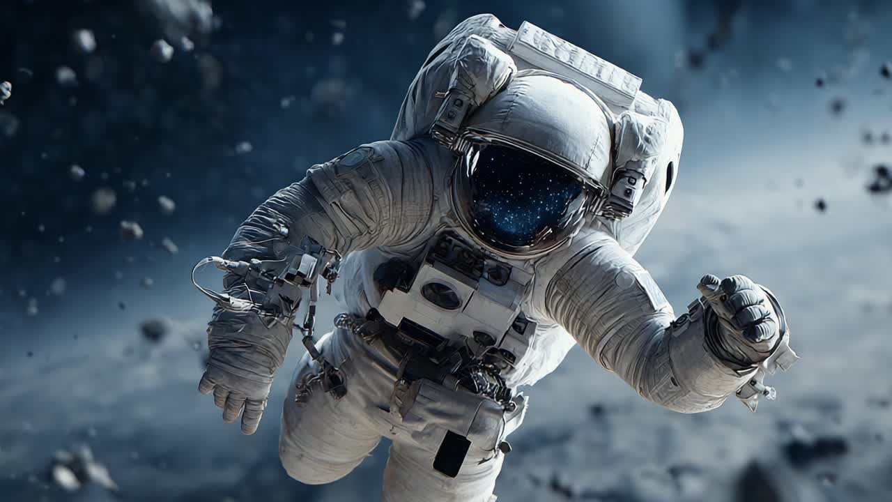 Seorang astronot pemberani menjelajahi luasnya angkasa, dikelilingi puing-puing mengambang dan keajaiban langit, mewujudkan semangat eksplorasi dan petualangan di luar Bumi