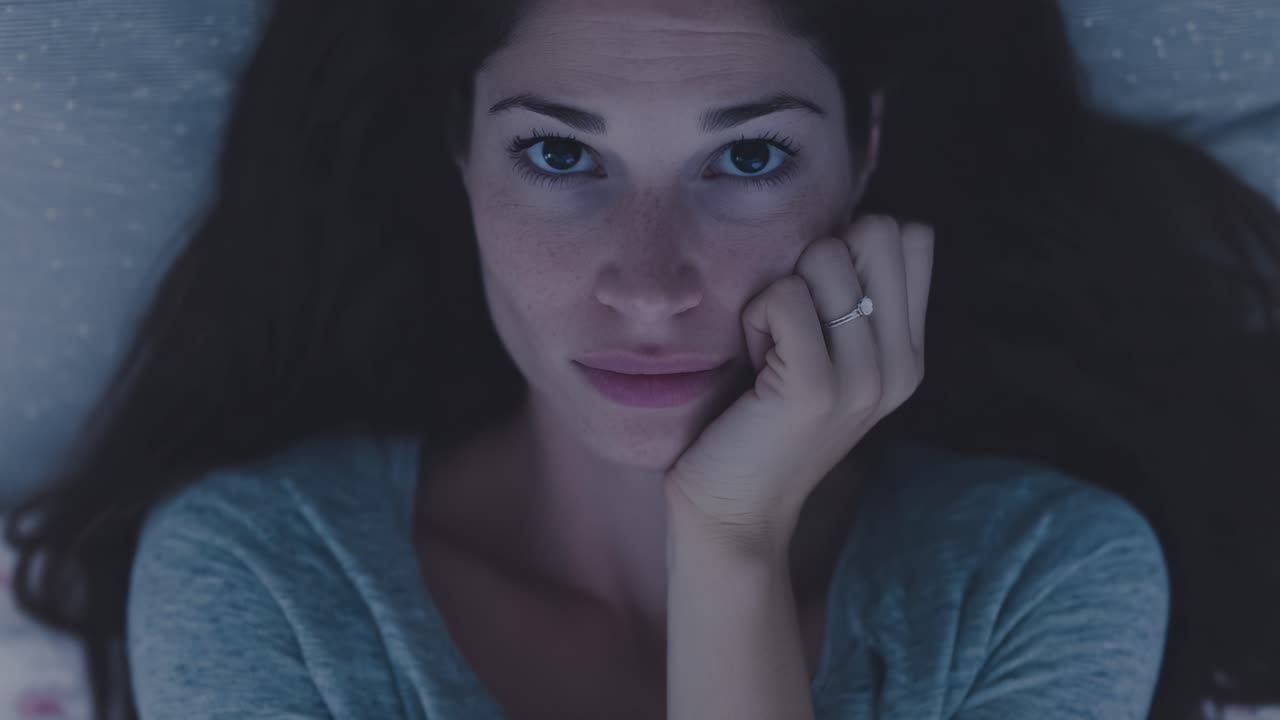 A Woman Reflects Emotionally While Lying on Her Side, Displaying Expressive Features and Introspection in a Softly Lit Atmosphere