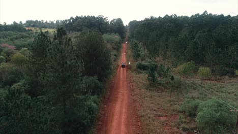 Una-Camioneta-Recorre-Un-Camino-De-Tierra-En-El-Corazón-De-La-Jungla,-Lo-Que-Ilustra-El-Espíritu-De-Aventura-Y-Exploración-En-La-Exuberante-Naturaleza.