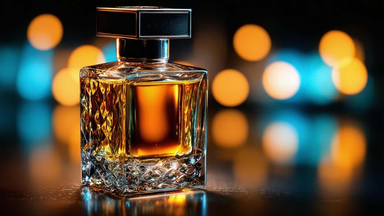 Uno straordinario primo piano di un flacone di profumo dal design elegante che cattura l'essenza del lusso, della raffinatezza e della bellezza con una luce e riflessi ipnotici