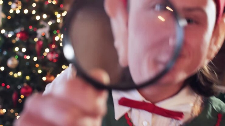 Elf looks into the camera through a magnifying glass, showing teeth. Christmas tree in the background. Close-up