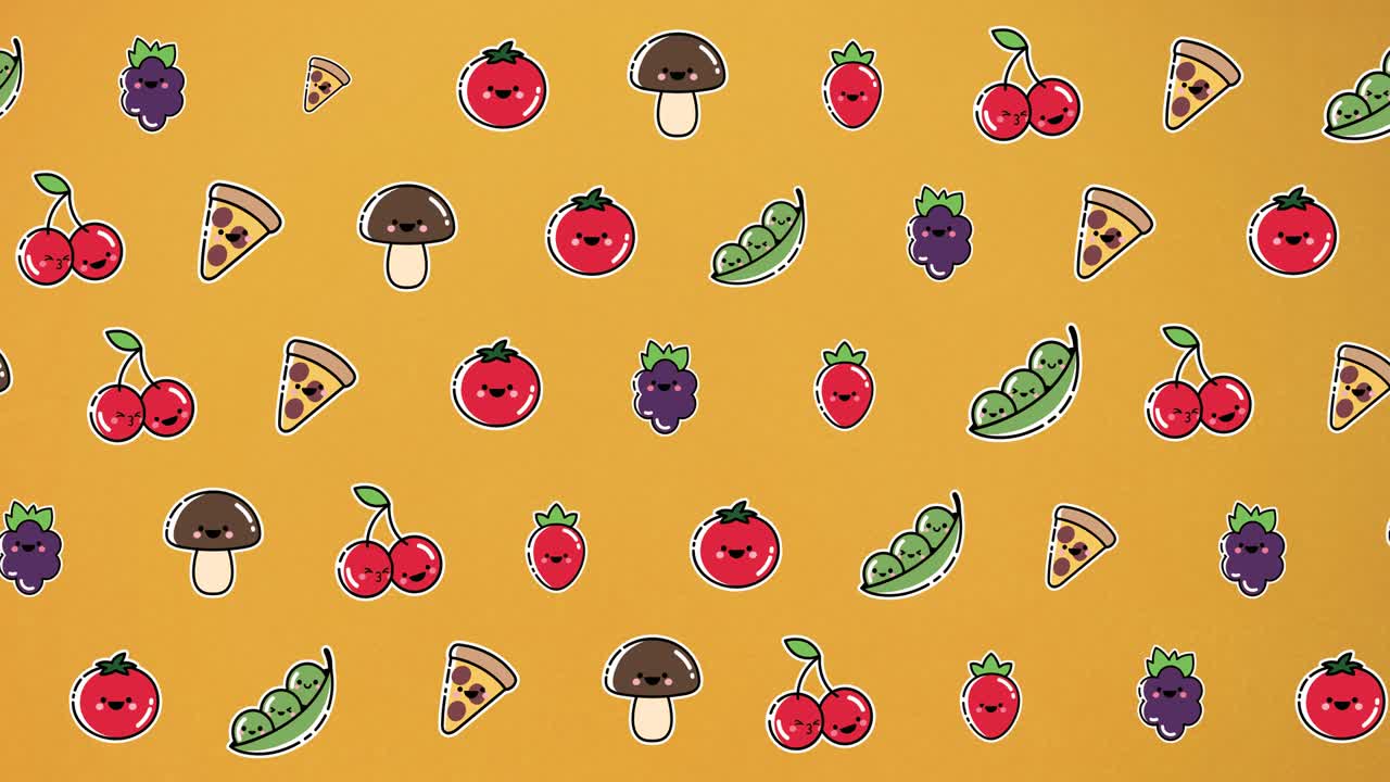 animación de diversos dibujos animados de comida flotando sobre un fondo naranja