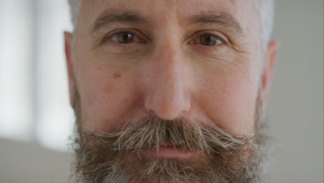 close up portrait of mature man looking at camera serious calm caucasian senior male with stylish beard slow motion