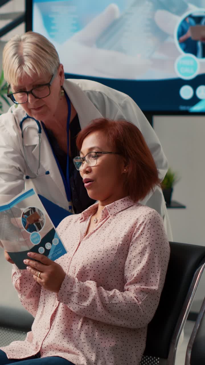 Vertical video: Diverse senior people talking about medical appointment