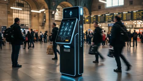 innovative cryptocurrency kiosk in busy terminal: a modern digital currency exchange point amidst travelers and commuters navigating the station's vibrant atmosphere