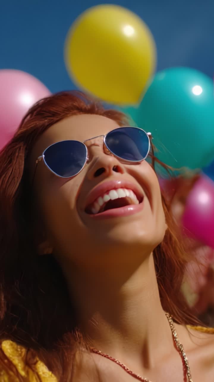 Joyful Woman Celebrating Outdoors with Colorful Balloons and Bright Summer Sunshine, Radiating Happiness While Wearing Stylish Sunglasses in a Vibrant Atmosphere