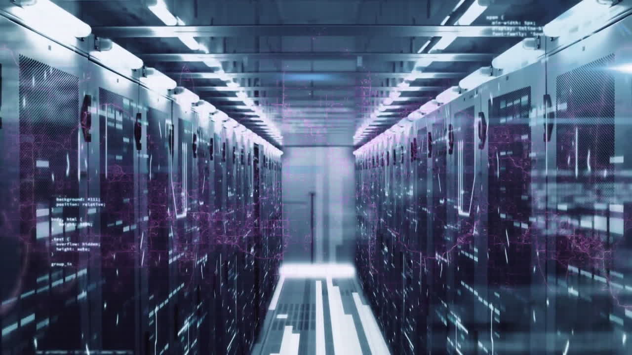 Futuristic data center corridor with digital data processing animation over servers