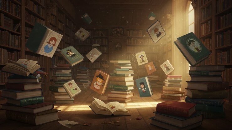 Una scena di biblioteca magica: libri incantati che fluttuano in un ambiente di lettura accogliente, immerso in una luce calda e con illustrazioni accattivanti di personaggi amati.