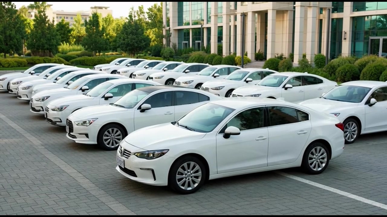 Fila di berline bianche identiche parcheggiate in un moderno parcheggio per uffici.