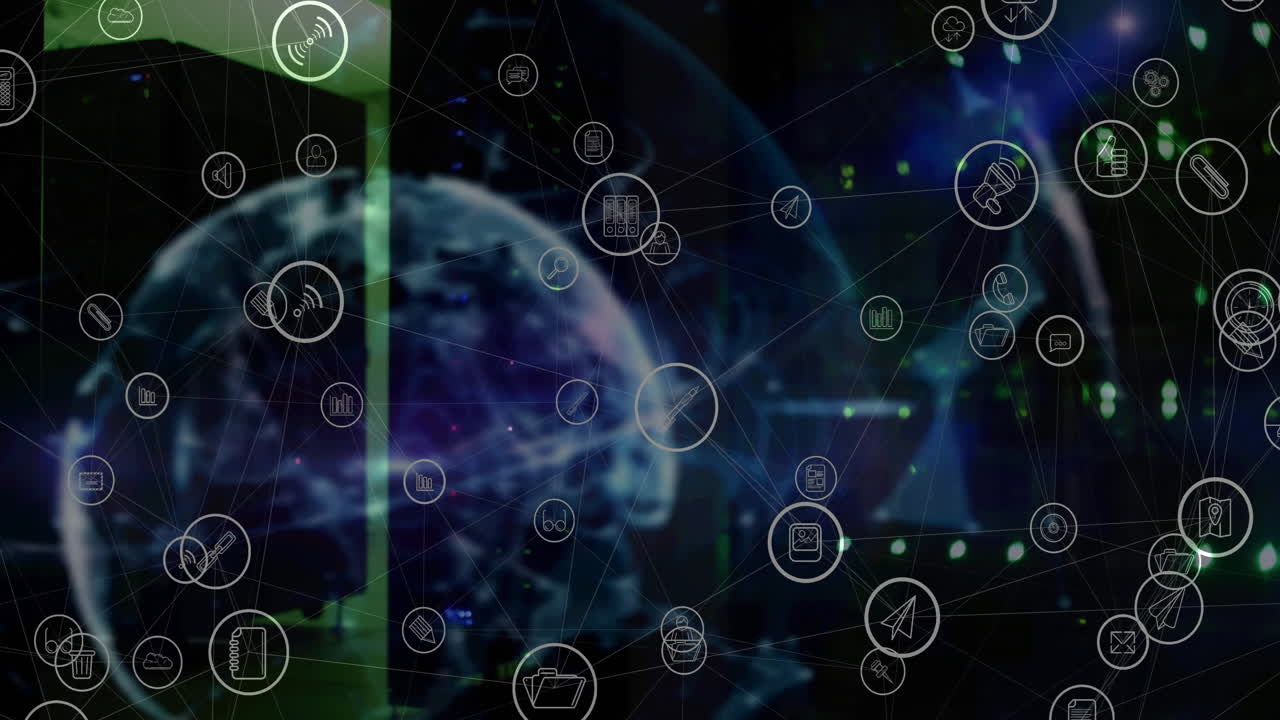 Animation of network of connections, globe over computer servers