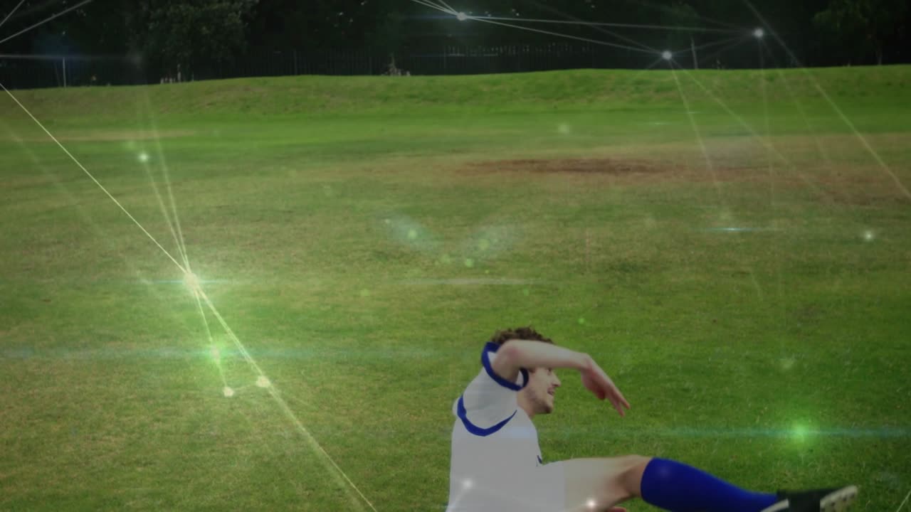 Soccer player reacting to incoming ball doing bicycle kick to strike and sliding green overlay maps