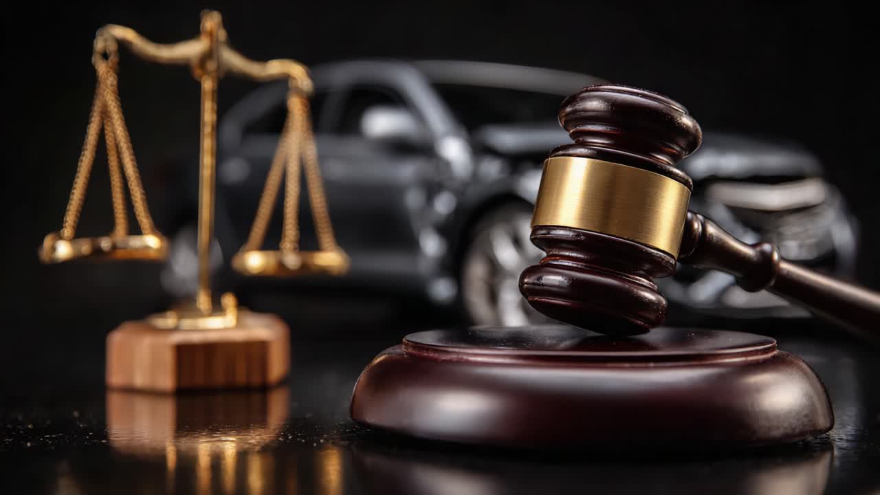 Giustizia legale e incidente automobilistico: un martelletto e una bilancia della giustizia che rappresentano la legge e l'ordine nel contesto di un caso di infortunio automobilistico.