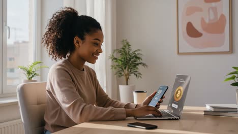 a young woman engaged in cryptocurrency trading while using her laptop and smartphone, enjoying a cozy and modern workspace with greenery