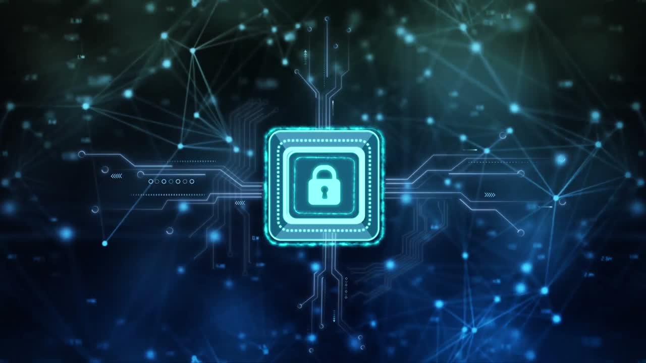 Animation of connections with online security padlock over computer circuit board