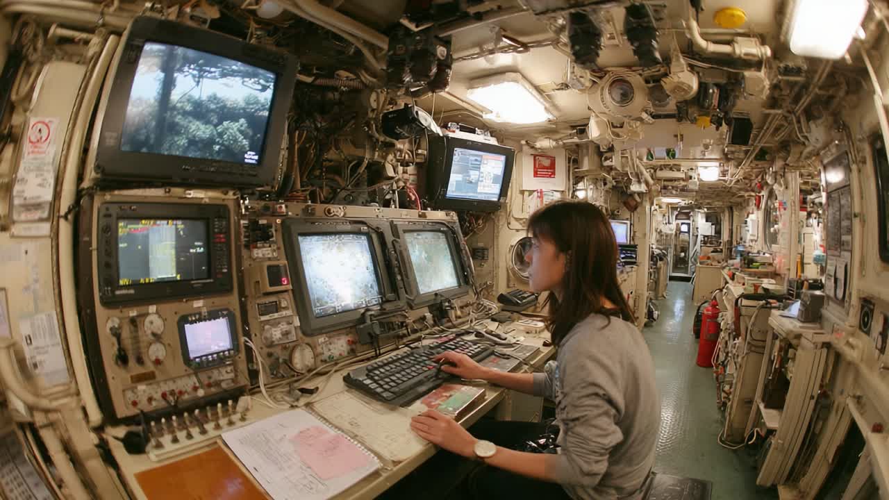 Inside a High-Tech Control Room: A Dedicated Operator Manages Complex Equipment and Monitors Digital Displays Aboard a Modern Submarine Environment