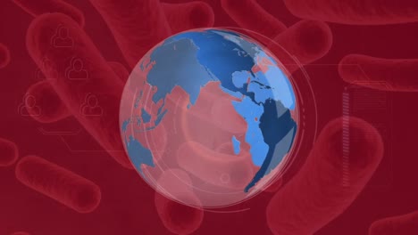 animation of globe rotating over profile icons and brown biological cells