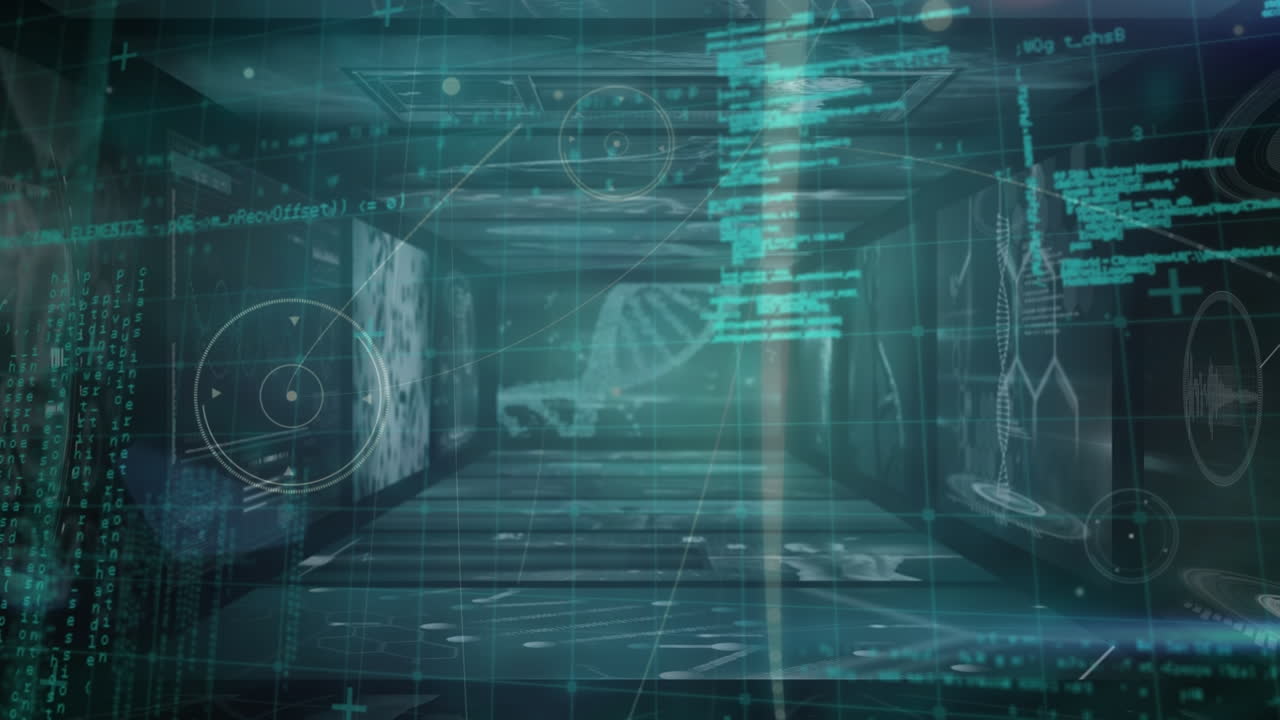 녹색 배경에 과학적 데이터 처리 위에 회전하는 dna 가닥의 애니메이션