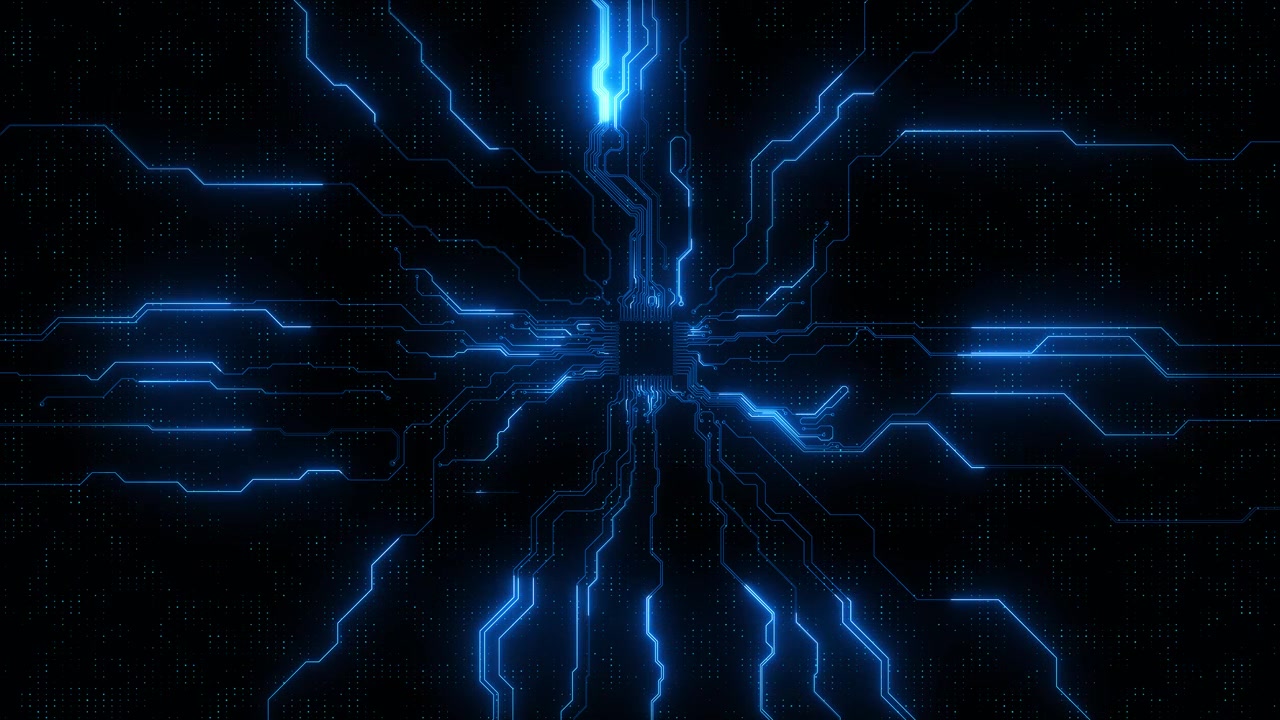 Sfondo blu con circuito stampato, percorsi elettronici luminosi, texture a matrice puntinata, profondità tecnologica digitale scura.