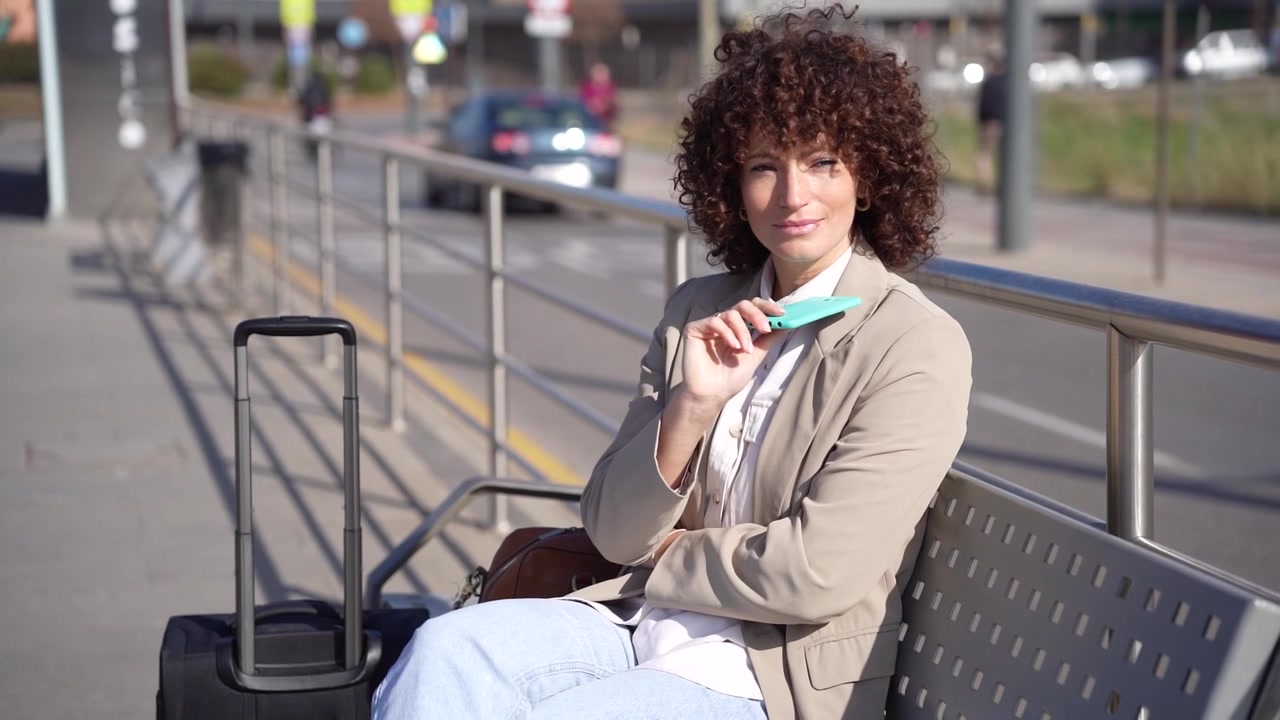 Una giovane donna sta pazientemente aspettando alla fermata dell'autobus mentre usa il suo smartphone.