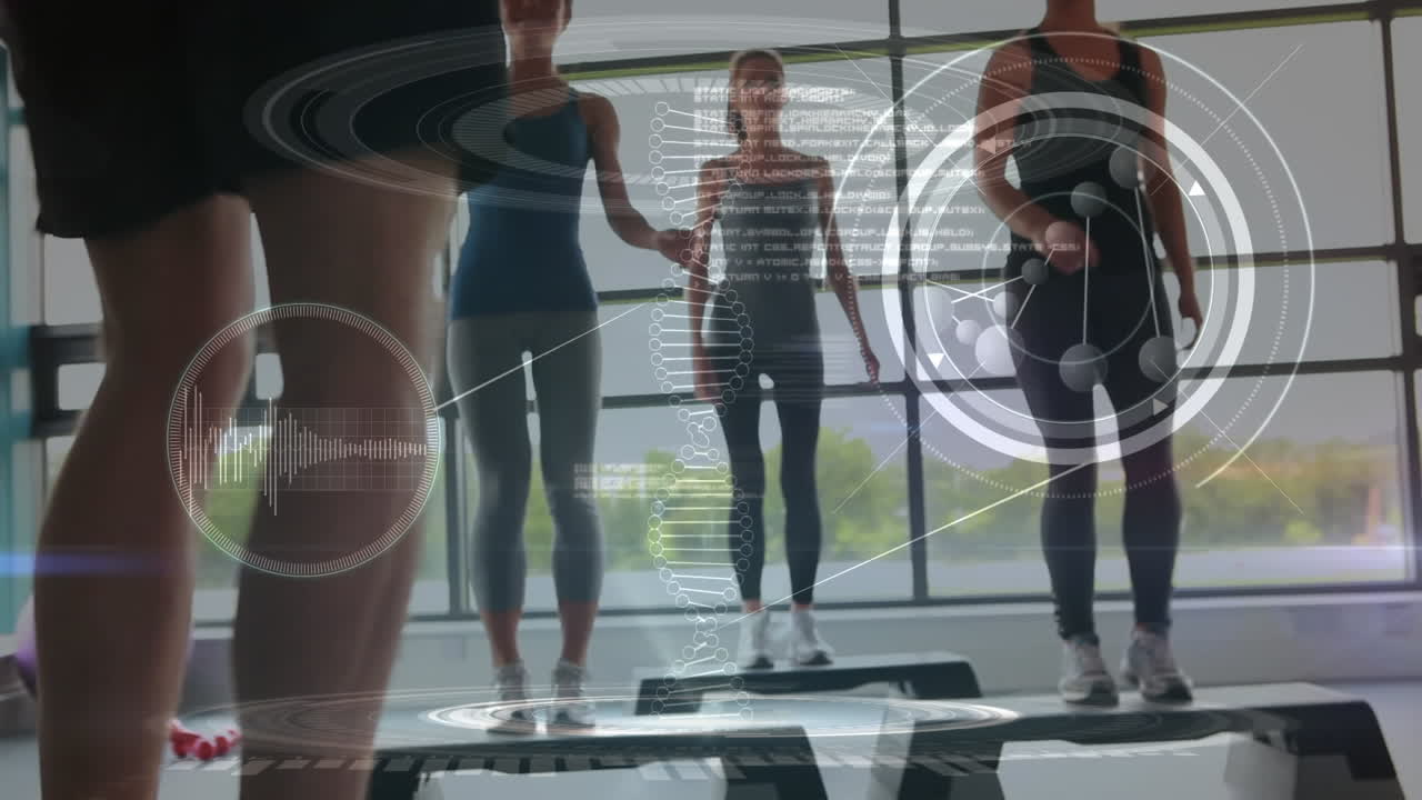 남성 강사 와 함께 에어로빅 을 하는 여자 들