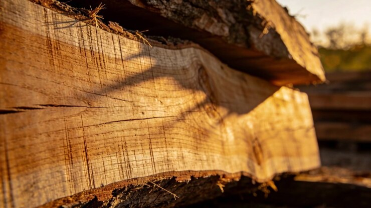 Framing sawn slab, camera pushing and racking focus at wood pile, revealing rings, bark, fibers