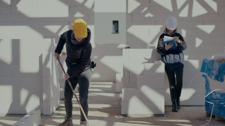 Young female worker brooming by supervisor holding clipboard near male coworker examining wall with level at construction site