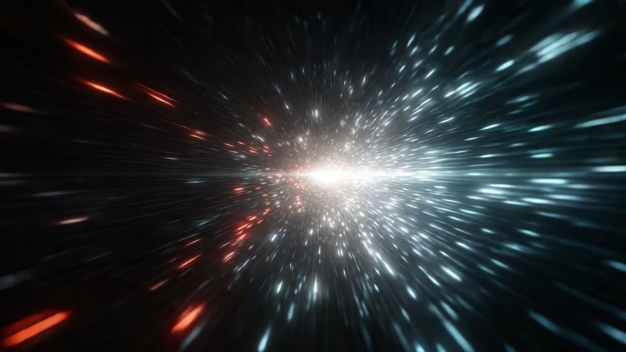 Rappresentazione visiva dinamica della luce e dell'energia che fluiscono nello spazio cosmico, raffigurante una convergenza energetica di particelle rosse e blu in movimento.