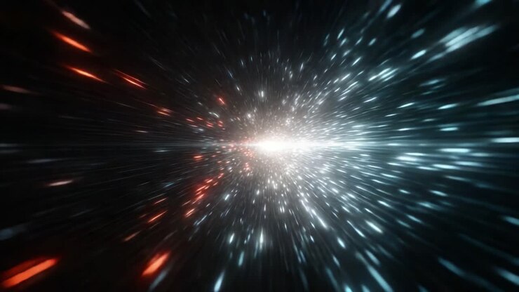 Dynamic Visual Representation of Light and Energy Flowing Through Cosmic Space Depicting an Energetic Convergence of Red and Blue Particles in Motion