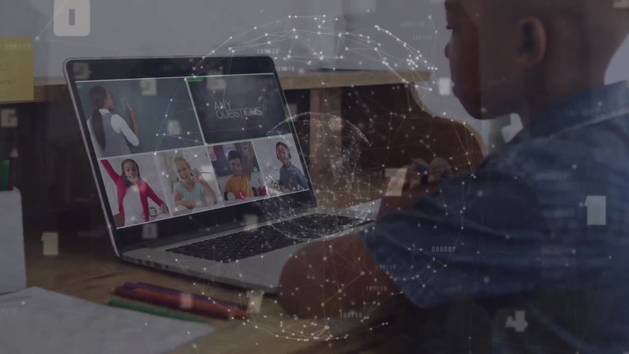 Animation of globe of connections over african american boy using laptop for online school lesson