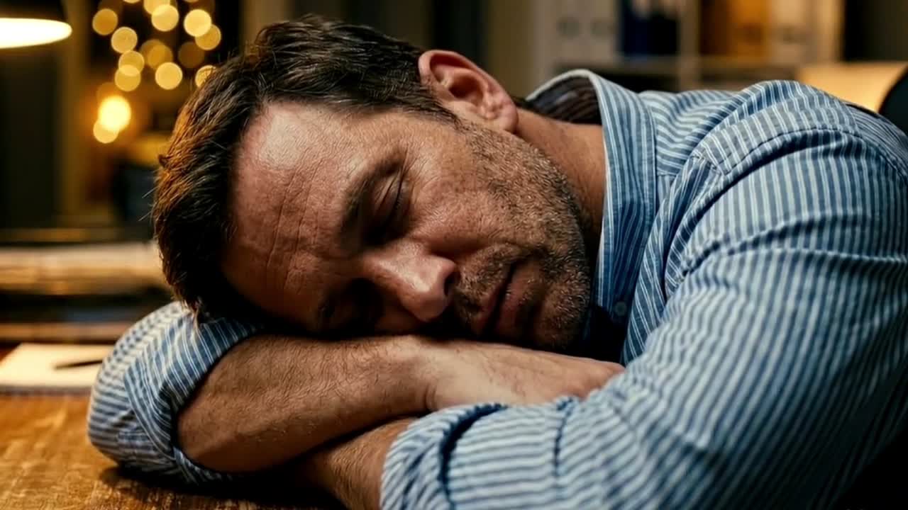 Hombre durmiendo en un escritorio desordenado con papeles, portátil y material de oficina, mostrando agotamiento por la carga de trabajo