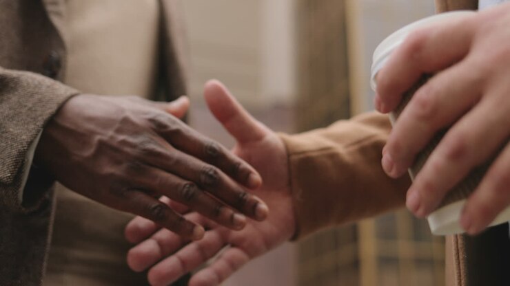 Close-up view of African American and Caucasian businessmen shaking hands in the street in autumn