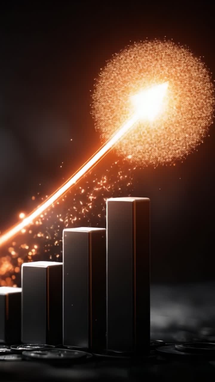 Dynamic Growth Visualization: An Upward Trend with Sparkling Effects on Bar Graphs Representing Performance Metrics in a Dramatic Setting