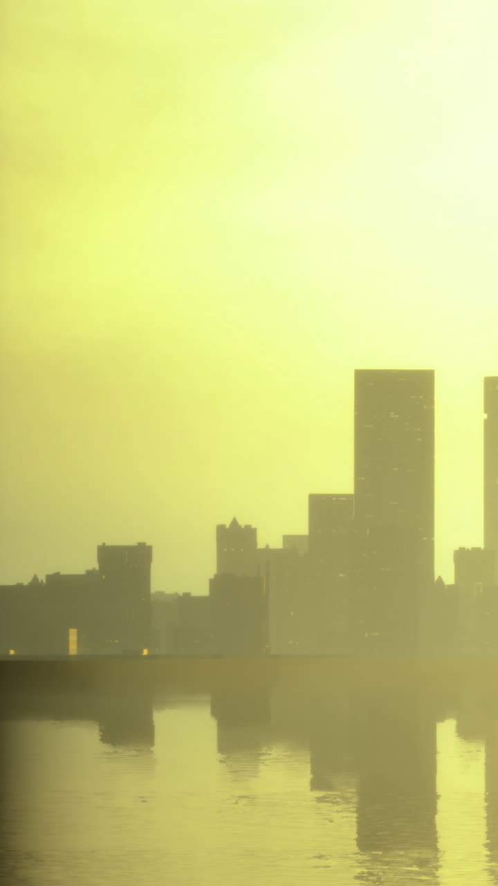 O horizonte da cidade ao pôr do sol refletido na água durante o crepúsculo.