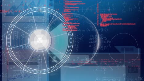 animación del escáner redondo de neón, procesamiento de datos y ecuaciones matemáticas sobre fondo azul