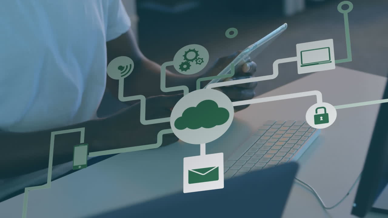 Animation of network of connections with icons over businessman using tablet