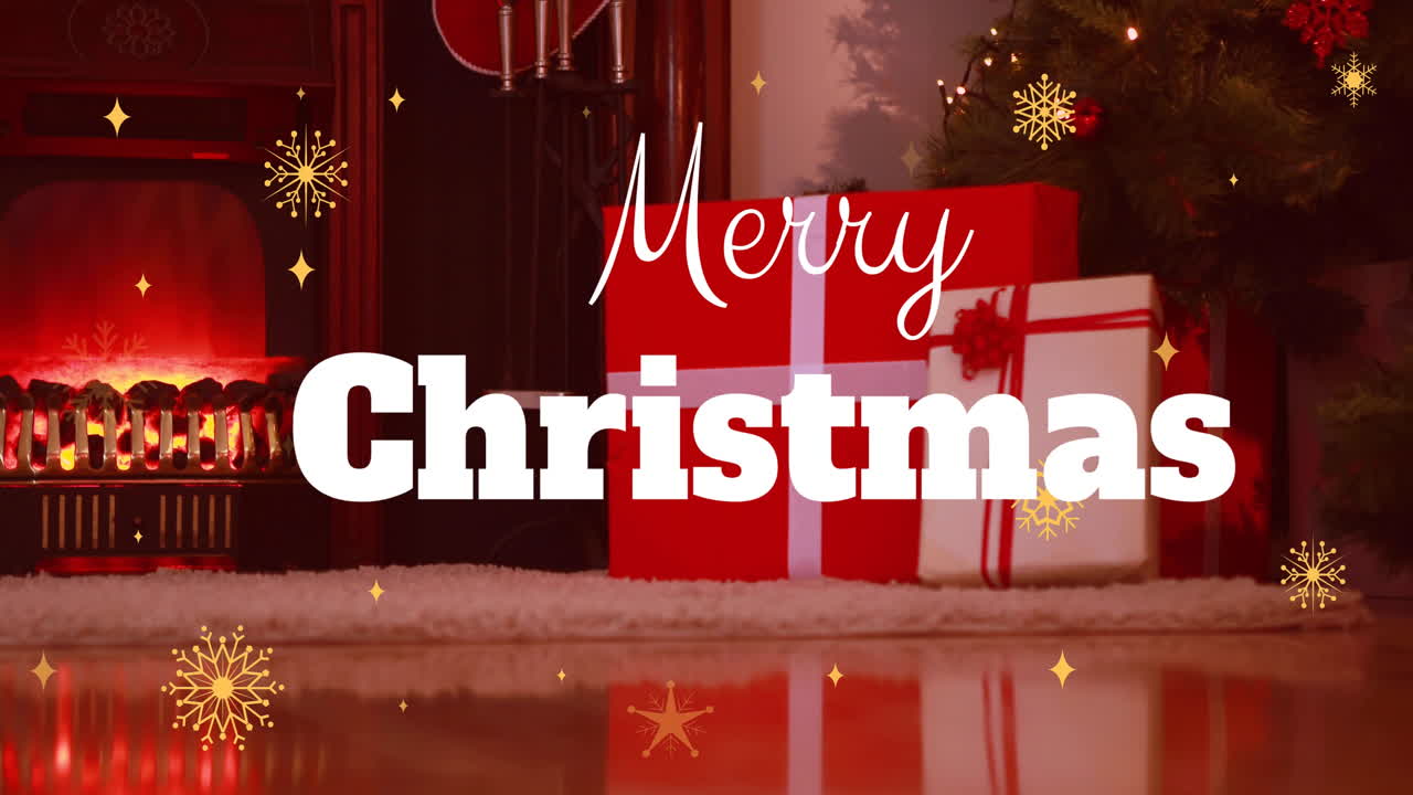 선물 과 눈 이 떨어지는 선물 위 에 있는 메리 크리스마스 텍스트 의 애니메이션