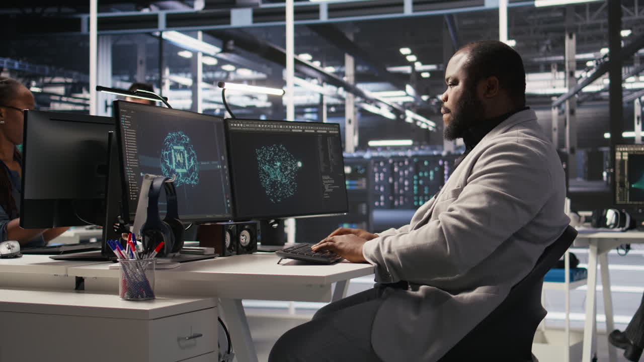Vertical video Exhausted server farm employee stretching back