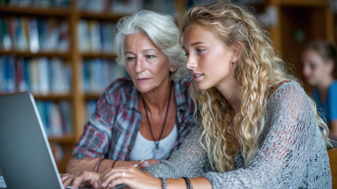 A Generational Learning Experience: An Older Woman and a Young Girl Collaborate on a Laptop, Engaging in Knowledge Sharing in a Library Setting