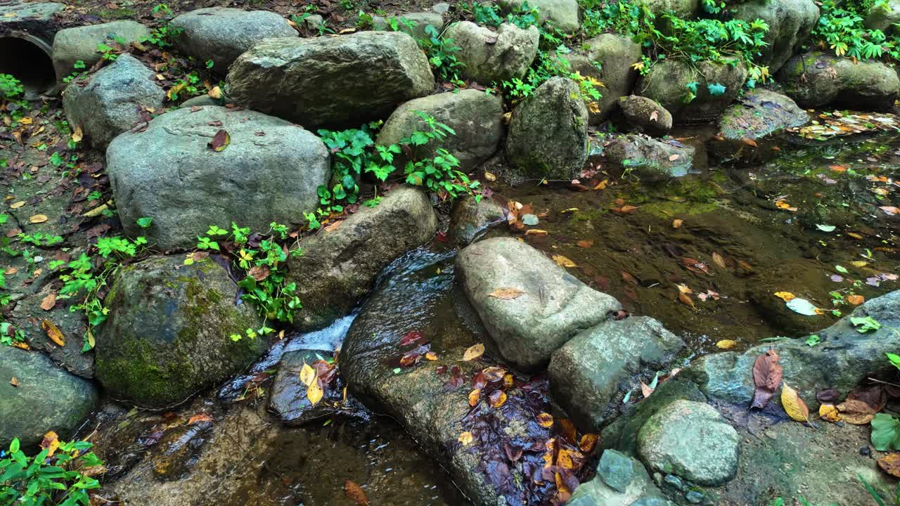 Small Creek Flowing Through The Stones. High Angle Shot