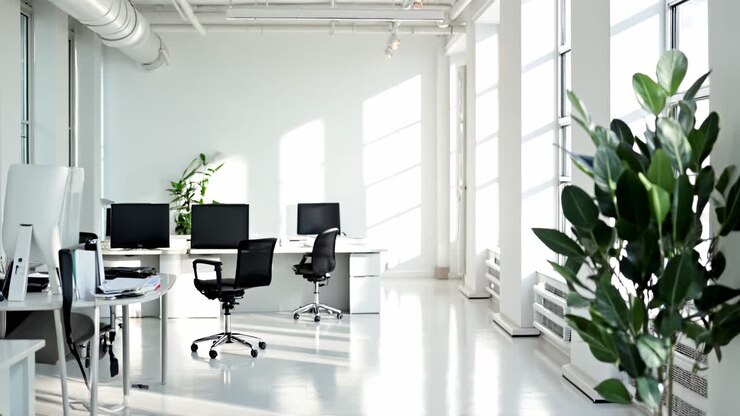 Ufficio luminoso e minimalista con sfondo sfocato. Scatto da una angolazione bassa, perfetto per un’azienda