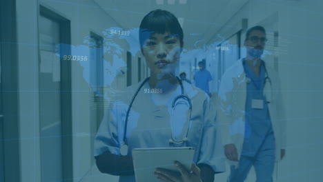 animation of world map and financial data over asian female doctor making notes