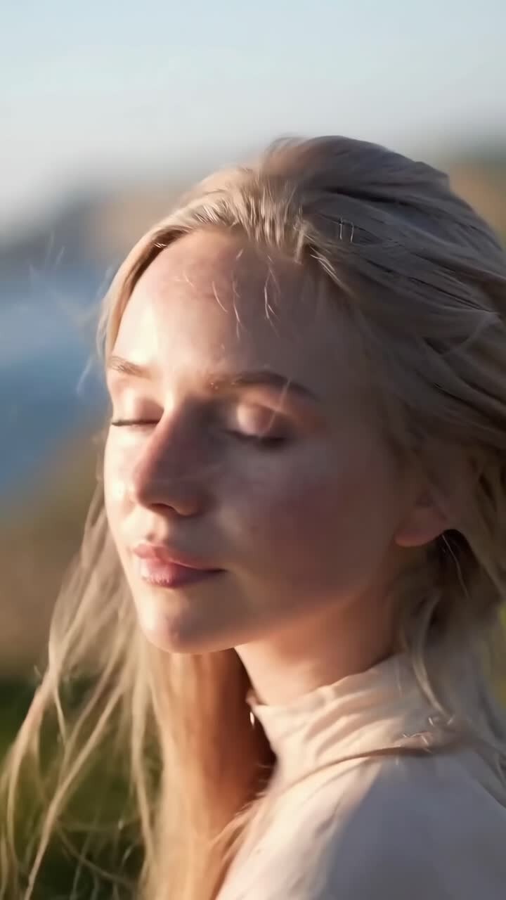 Serene video close-up of a woman with closed eyes, bathed in sunset light, outdoors