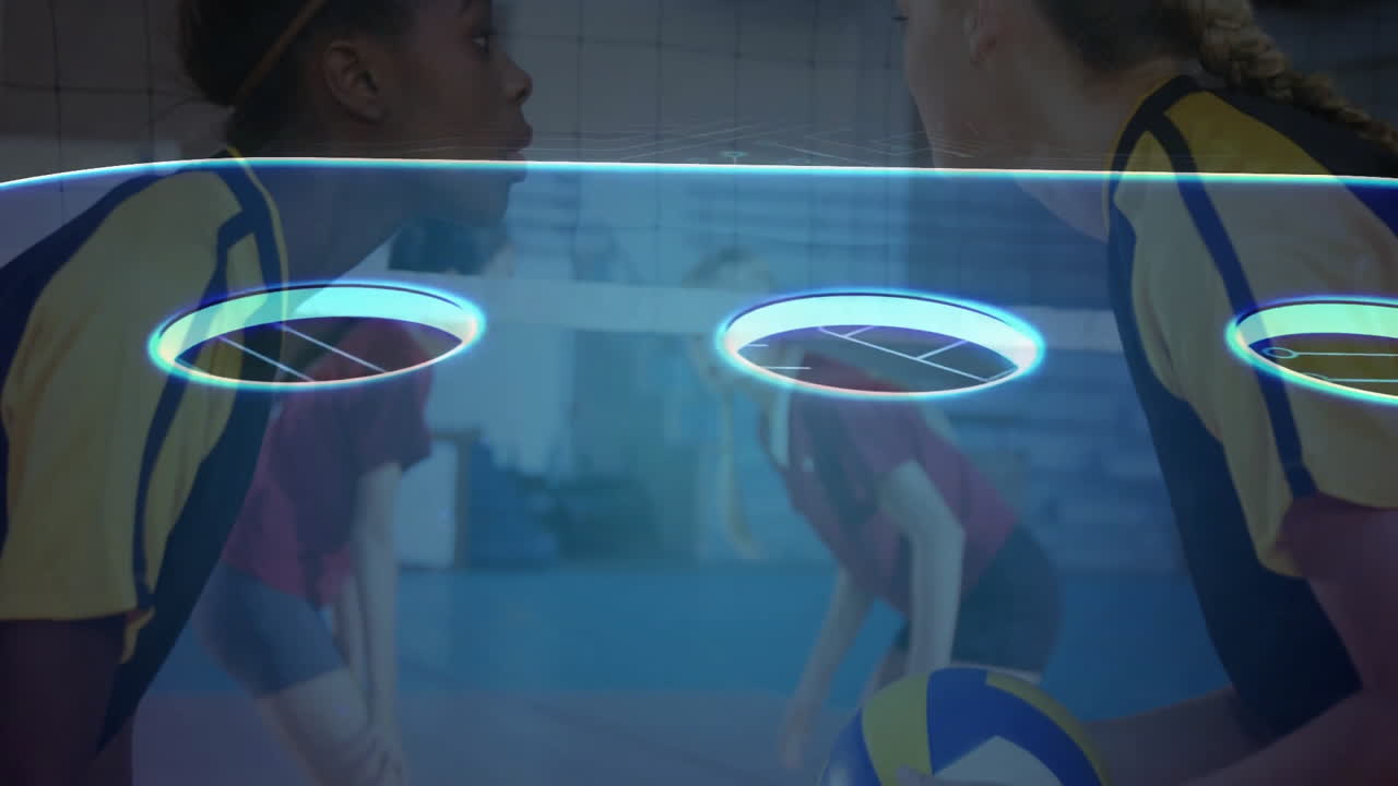 In school, animation of volleyball players serving with digital interface overlay