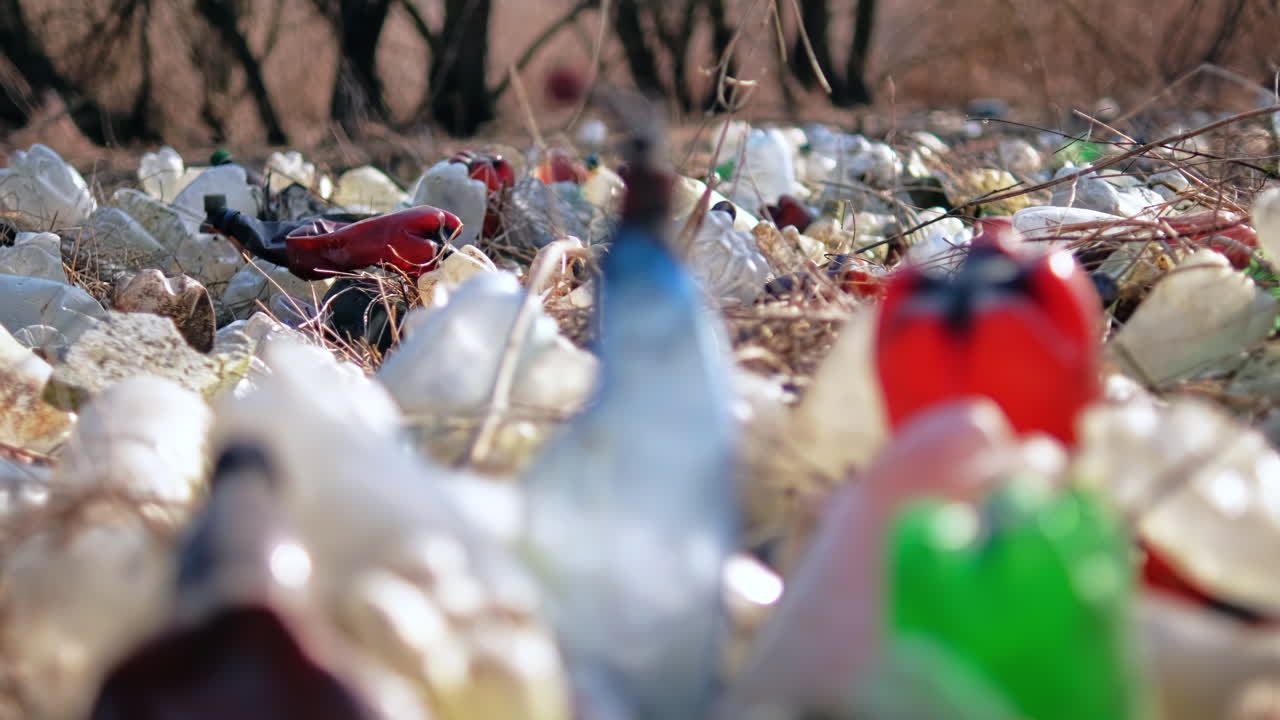 たくさんのプラスチックボトルが散乱した地面