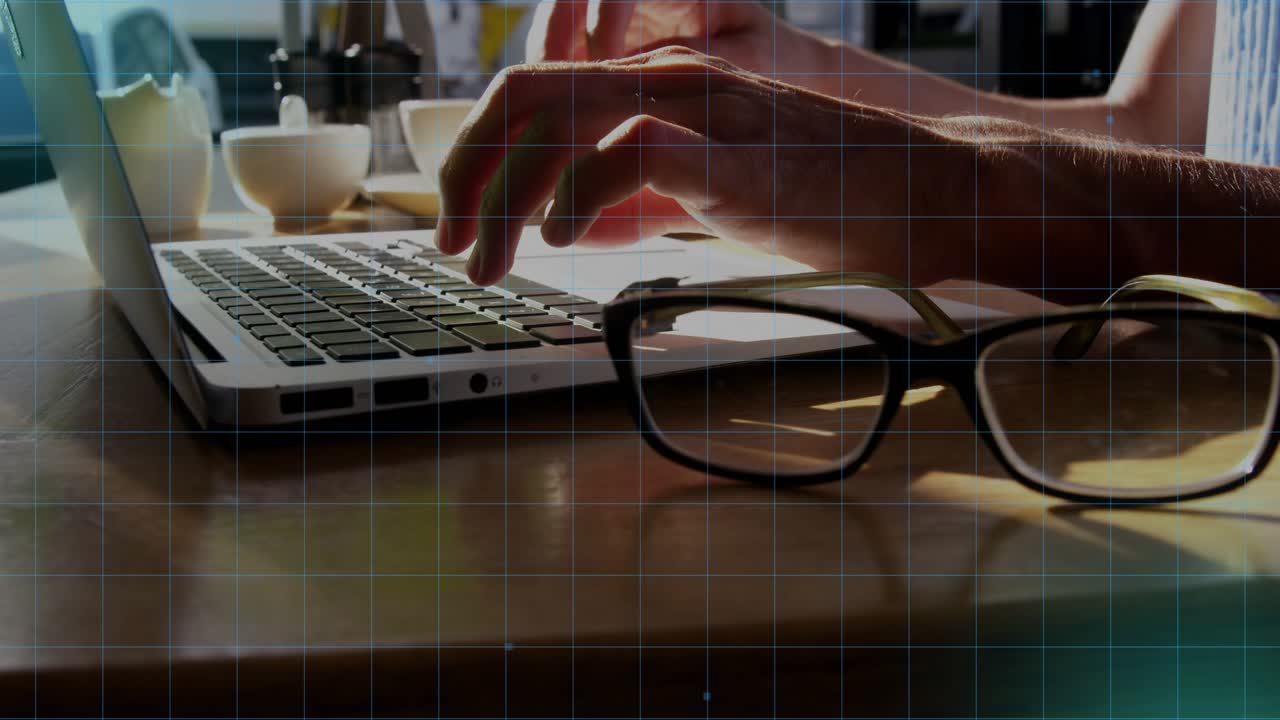 Hands hovering, pressing keys and typing for tech work while HUD growing, pulsing over keyboard