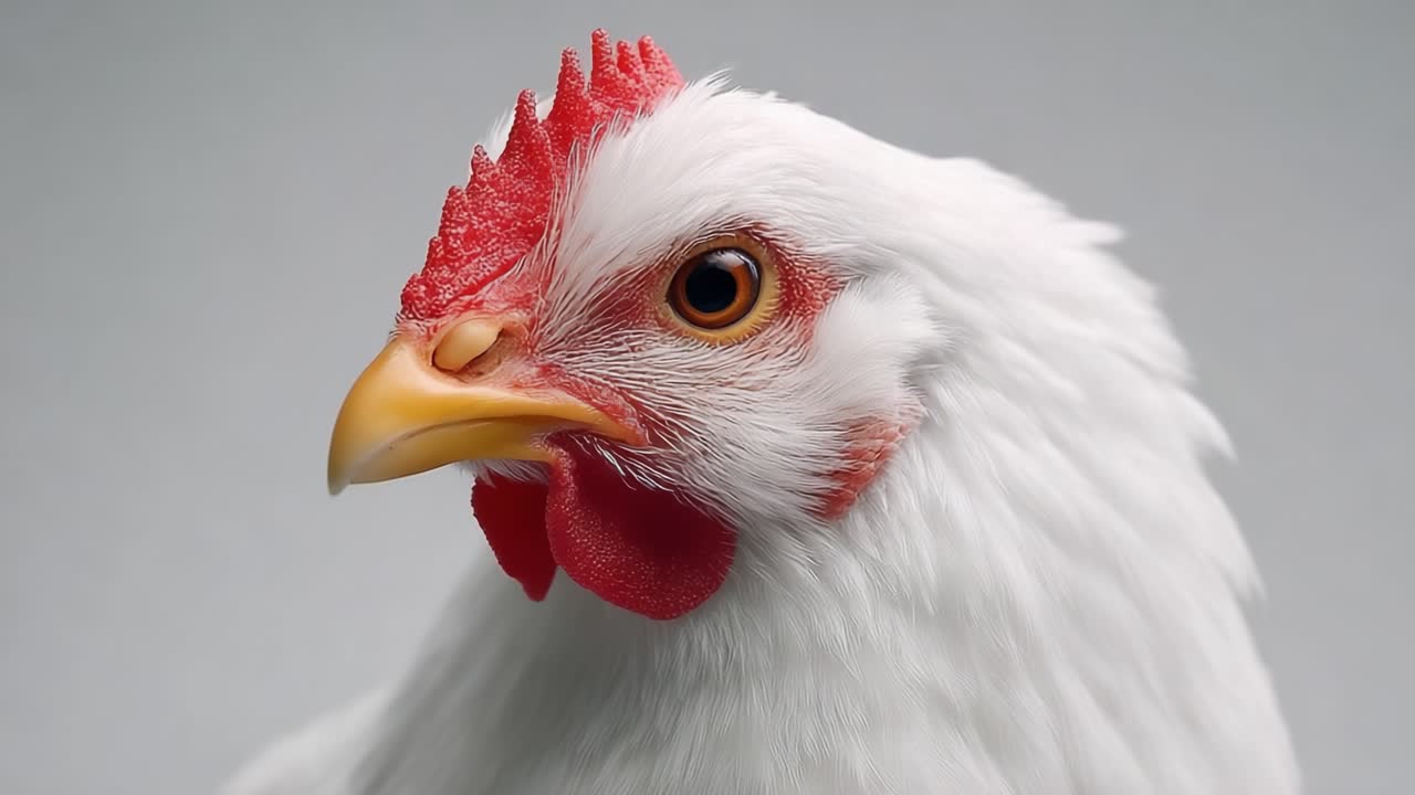 Un impresionante primer plano de una majestuosa gallina blanca capturando sus características únicas y ojos expresivos en dos fotogramas distintos del video